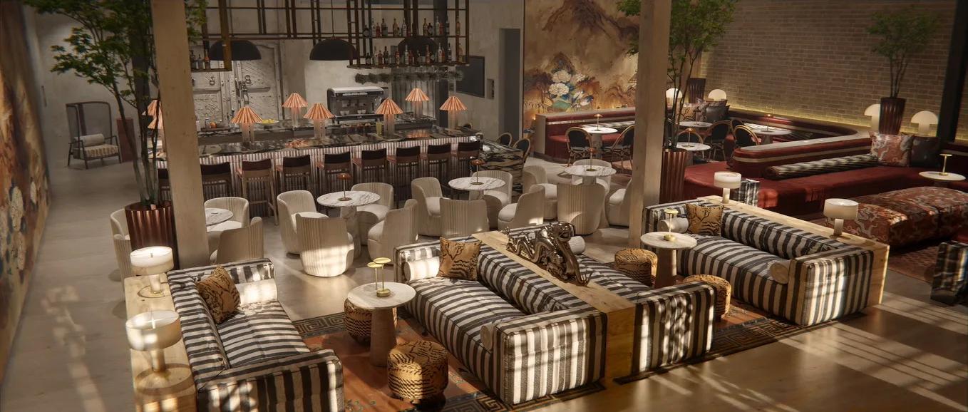 Render of a bar lounge with striped and monochrome seating, pendant lamps and a painted landscape mural behind the counter