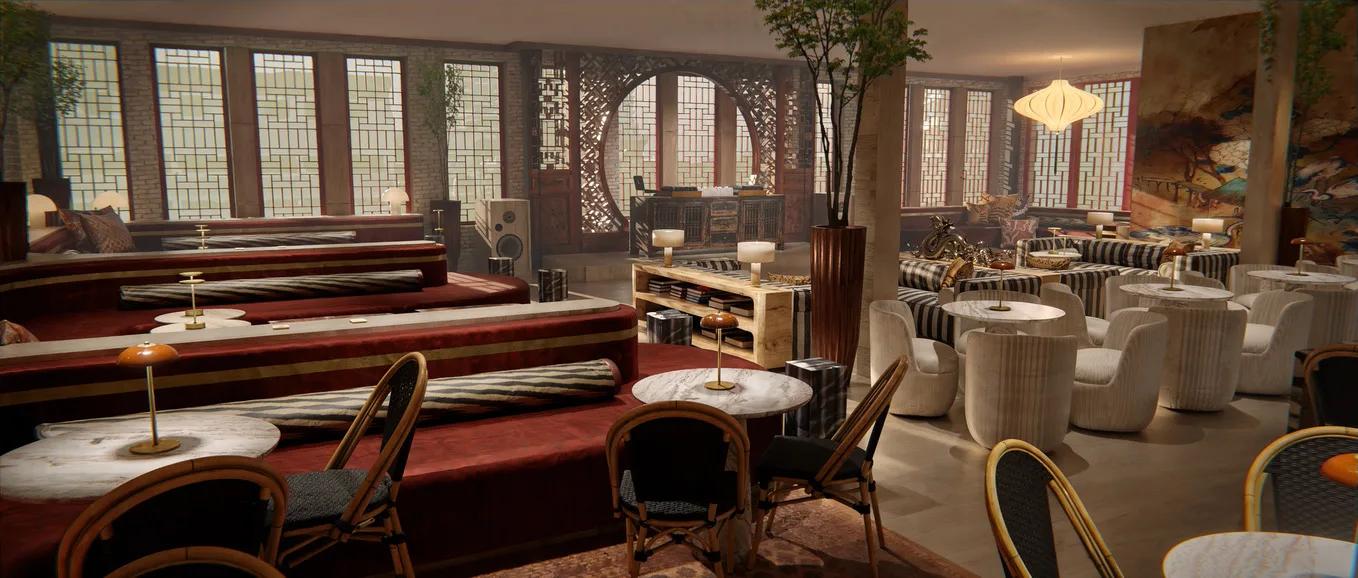 Render of a dining room with red leather banquettes, arched fretwork windows, cafe chairs and marble tables