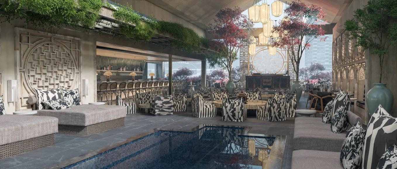 Render of a rooftop pool deck with a carved stone mural wall, monochrome print loungers and red maple trees