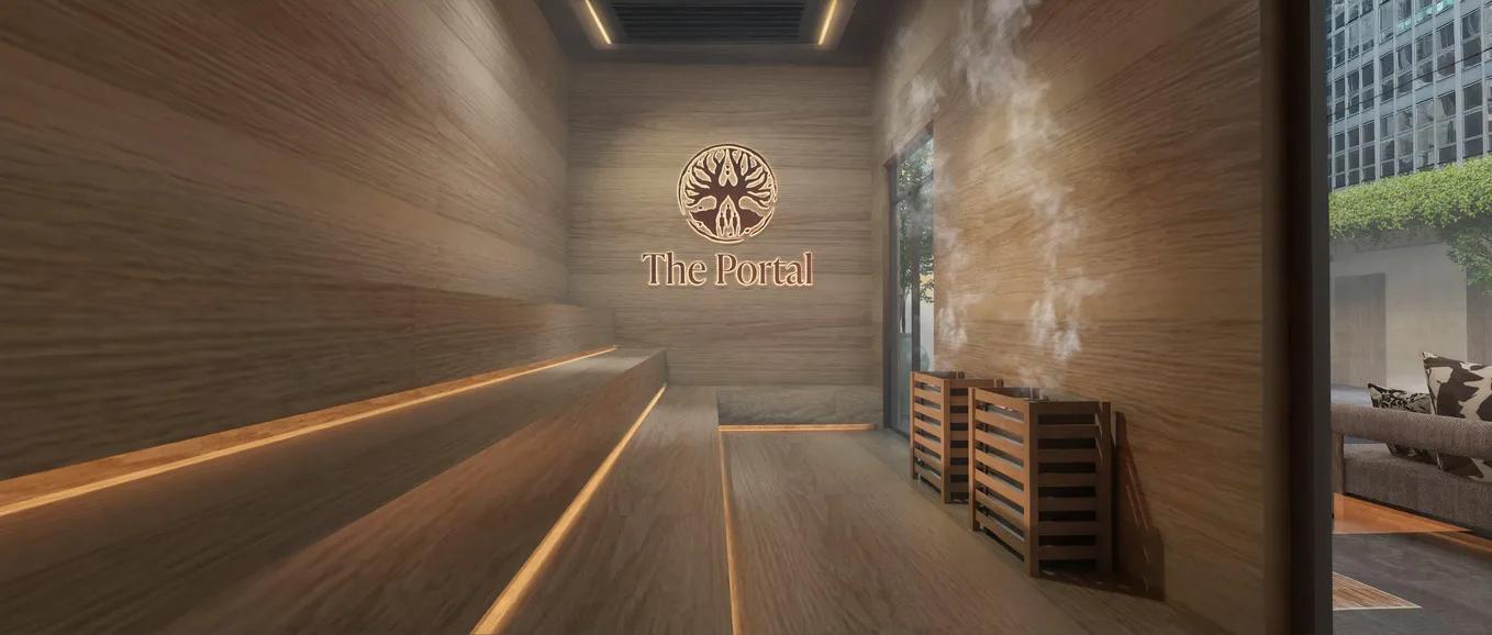 Render of a timber-lined sauna corridor with tiered benches, warm cove lighting and The Portal wordmark on the end wall
