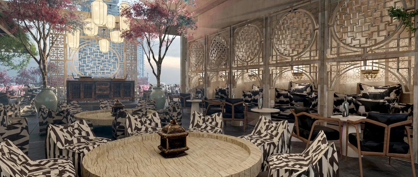 Render of a lounge behind carved timber screens with a round central table, patterned armchairs and a red maple