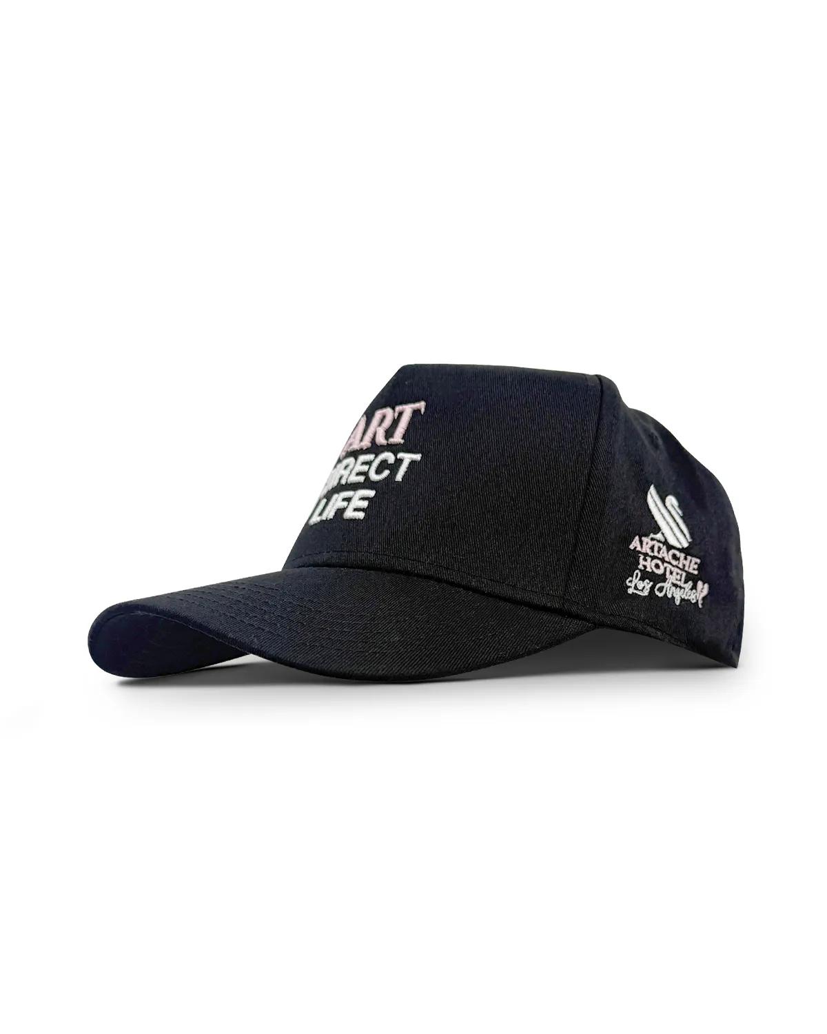 Black baseball cap at a three quarter angle, showing the curved brim and an ArtAche Hotel Los Angeles script on the side panel